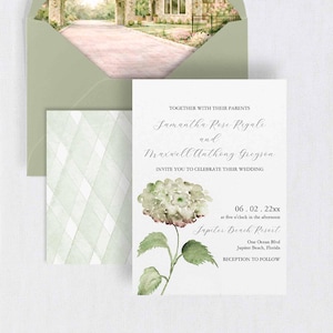 May include: Wedding invitation suite featuring a white card with floral accents and text. The invitation includes the names Samantha Rose Rigali and Maxwell Anthony Gregson, along with event details. A green envelope and patterned insert complete the set.