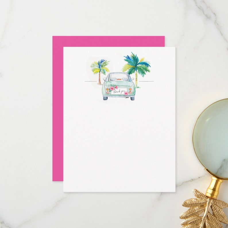Thank You Note Card Tropical Watercolor Car Vibrant Fuchsia Pink Colorful Key West Florida Beach Inspired Art image 4