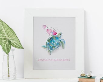 Inspirational Sea Turtle Poster in Watercolor with Hearts Charming Gift for Her, Beach House Decor and Gift Ideas