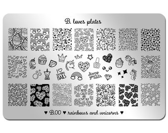 B.00 - nail art stamping plate cute kawaii nails - rainbows and unicorns