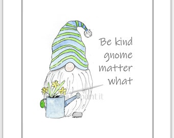 Spring Gnome Watercolor Painting Print Tomte Gnome Printable blank or with sentiment