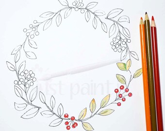 Leaf and Berry Fall Wreath Coloring Page Fall Coloring Page Instant Download Fall Printable