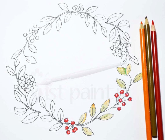 Leaf and Berry Fall Wreath Coloring Page Fall Coloring Page | Etsy