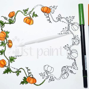 May include: A black and white line drawing of a pumpkin vine with pumpkins on it. The vine is drawn in a circle shape. There are two markers on the right side of the image, one green and one orange.