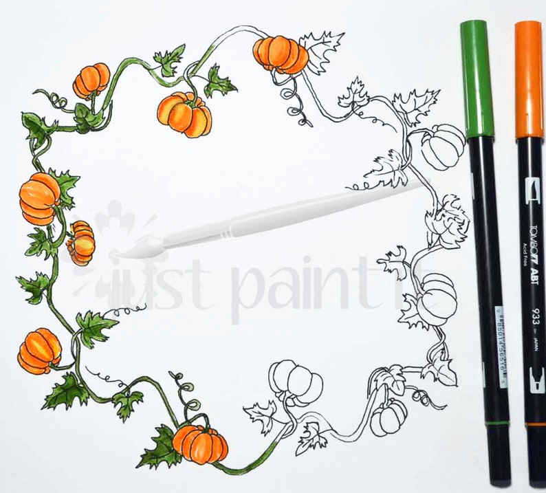 May include: A black and white line drawing of a pumpkin vine with pumpkins on it. The vine is drawn in a circle shape. There are two markers on the right side of the image, one green and one orange.