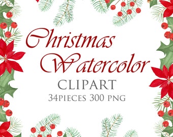 Christmas Watercolor Clipart Poinsettia ClipArt