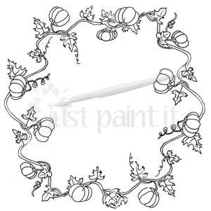 May include: Black and white line drawing of a pumpkin vine wreath with pumpkins on the vine. The wreath is a circle with a blank space in the middle.