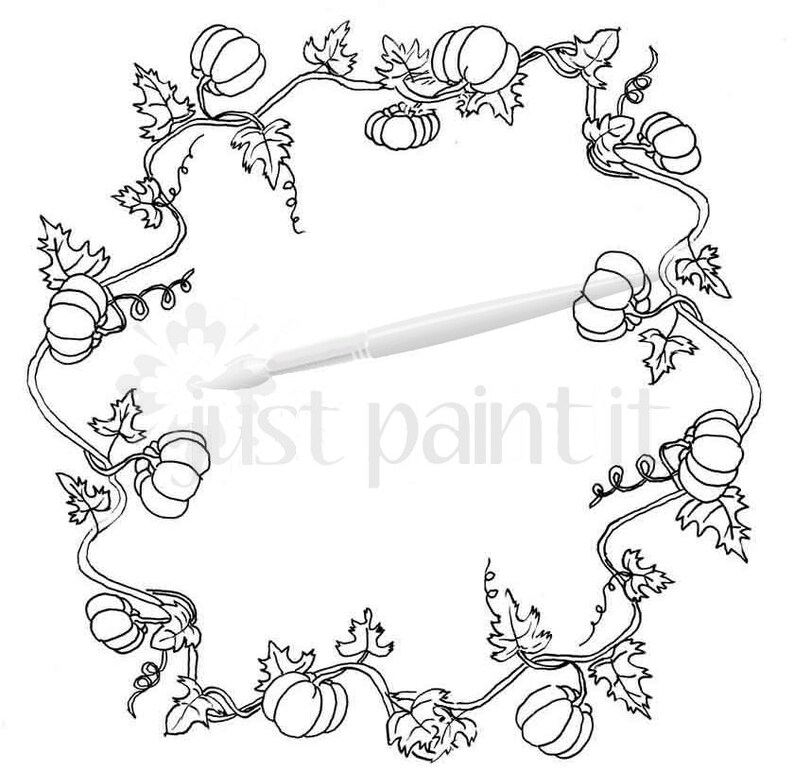 May include: Black and white line drawing of a pumpkin vine wreath with pumpkins on the vine. The wreath is a circle with a blank space in the middle.