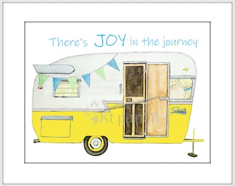 Retro Camping Trailer Watercolor Yellow