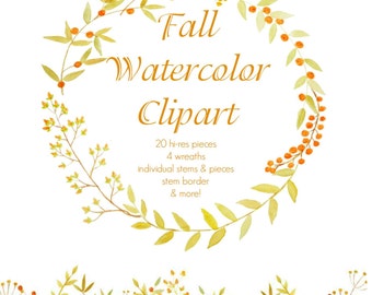 Fall Leaves Berries Watercolor Clipart Instant Download Fall Wreaths Invitation Digital Download