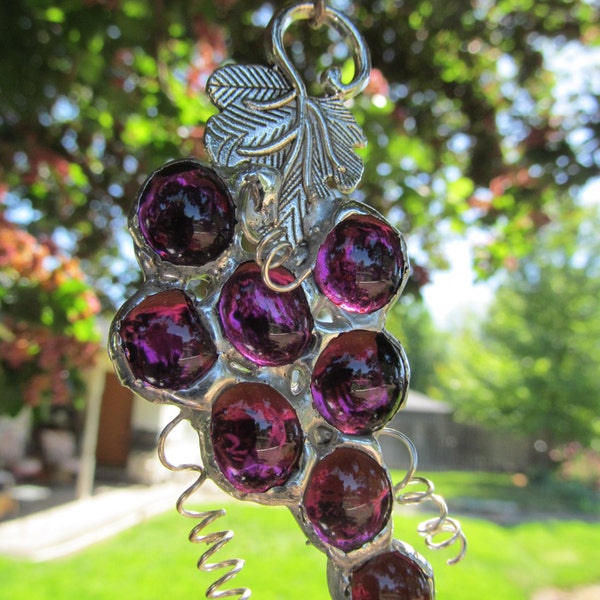 Stained Glass Grape Cluster Suncatcher, Wine Bottle Accessory, Vino Decor,