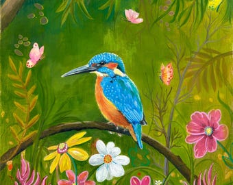 Kingfisher Floral Print - British Garden Bird Art - Mothers Day Gift