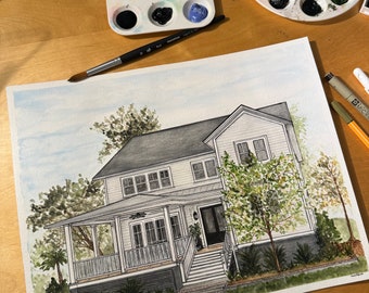 May include: A watercolor painting of a white house with a gray roof. The house has a porch with a railing and a set of stairs leading up to the front door. There are trees and bushes surrounding the house.
