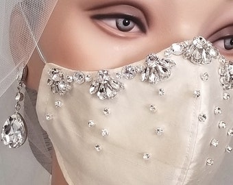 REDUCED ~ WAS 65.00 ~ Designer Rhinestone Bridal Mask ~ Silk Shantung Wedding Mask ~ Filter Pocket ~ Ivory ~ Hand Washable ~ Made in US
