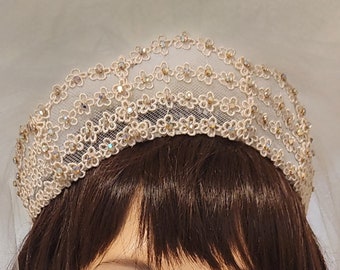 Vintage 1950s Restored Ivory Flower Lace Wedding Headpiece ~ AB Rhinestones Tiara ~ Bun Wrap ~ Communion ~ Headpiece Heaven