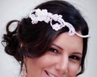 Bridal Forehead Band ~ Bridal Headband ~ Gatsby ~ Light Ivory Alencon Lace ~ Pearl ~ Wedding Headband ~ Vintage Bridal ~Headpiece Heaven