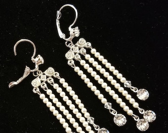 Bridal Earrings ~ Vintage Bridal ~ Ivory ~ Chandelier Earrings ~ Pearl Jewelry ~  Swarovski Crystal Earrings ~ Art Deco ~ Headpiece Heaven