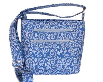 Blue and Gray Crossbody Purse with Lots of Pockets and Adjustable Strap, Three Zipper Purse