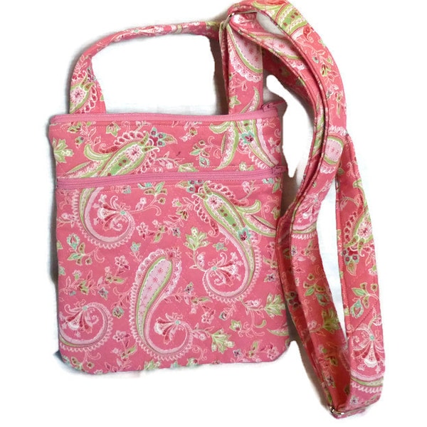 CLEARANCE 40% OFF Crossbody Purse, Pink Quilted Paisley Purse, Messenger Bag, Adjustable Strap, Zipper Closure