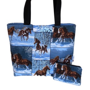 Horse Shoulder Purse Bag, Wild Horses in the Snow Tote Bag, Matching Coin Purse, Purse with Lots of Pockets, Purse Set