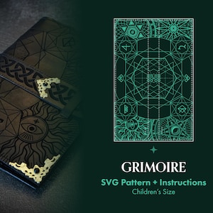 May include: A dark brown leather-bound grimoire with intricate geometric and celestial designs, featuring a strap with a Celtic knot pattern and gold-colored corner accents. The image also includes a teal graphic with geometric patterns and the text "GRIMOIRE SVG Pattern + Instructions Children's Size."