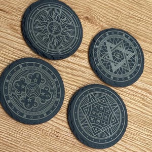Witchy Slate Coasters Set of 4 – Laser Engraved Esoteric Symbols, Occult Altar Decor, Mystical Drinkware
