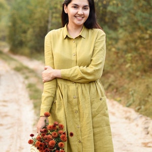 Linen Women Dress, Loose Fall Dress, Long Sleeve Dress, Button Down Dress with Pockets, Olive Linen Dress, Petite and Tall Linen Clothes