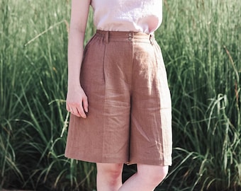 Linen Women Bermuda Shorts, High Waisted Shorts with Pockets, Vintage Style Shorts, Wide Leg Shorts, Loose Fit Shorts, Mocca Linen
