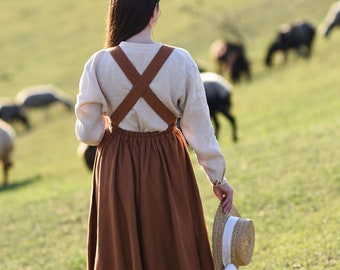 Women Pinafore Dress, Linen Midi Dress with Pockets, Vintage Style Dress, Twirl Skirt Dress, Brown Linen, Fall Linen Outfit, Apron Dress