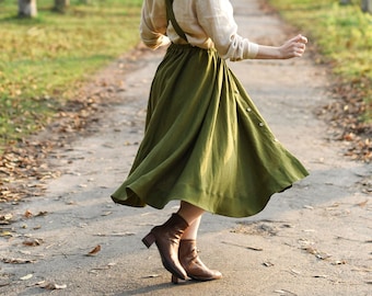 Linen Women Skirt, Moss Green Twirl Skirt, Button Down Skirt, Suspender Skirt, Vintage Style Skirt, Midi Linen Skirt