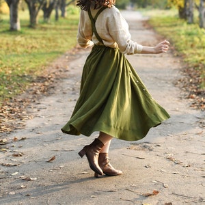 Linen Women Skirt, Moss Green Twirl Skirt, Button Down Skirt, Suspender Skirt, Vintage Style Skirt, Midi Linen Skirt