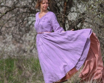 Linen Women Dress, Twirl Skirt, Summer Linen Dress, Washed Linen, Vintage Style Clothes, Lilac Dress