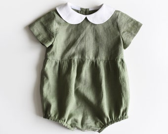 Linen Playsuit, Linen Baby Romper, Fall Baby Romper, Baby Boy Clothes, New Baby Gift, 1st Birthday Boy, Peter Pan Collar