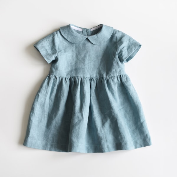 Linen Dress, Baby Dress, Linen Baby Dress, Toddler Dress, Baby Easter Dress, Pale Blue Linen, Classic Baby Dress, Peter Pan White Collar