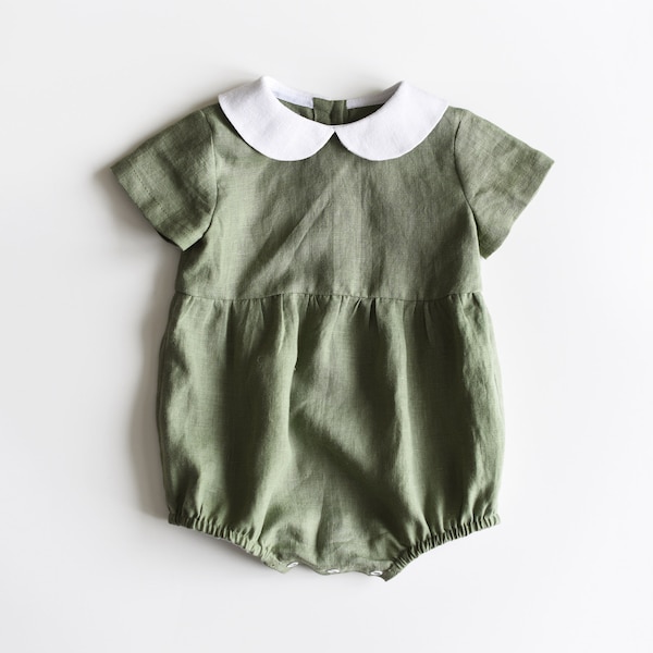Linen Playsuit, Linen Baby Romper, Fall Baby Romper, Baby Boy Clothes, New Baby Gift, 1st Birthday Boy, Peter Pan Collar