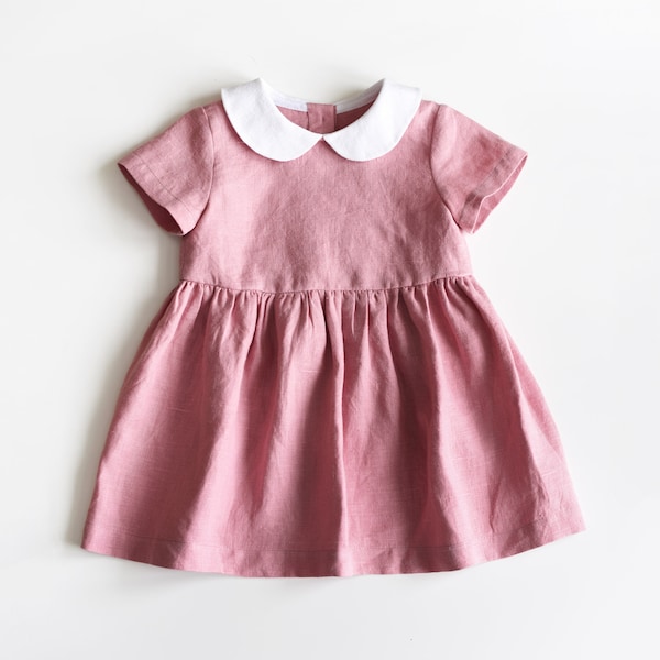 Baby Linen Dress, Toddler Linen Dress, Baby Girl Clothes, Dusty Pink Baby Dress, Peter Pan Collar, White Collar, Kids Linen, Birthday Dress