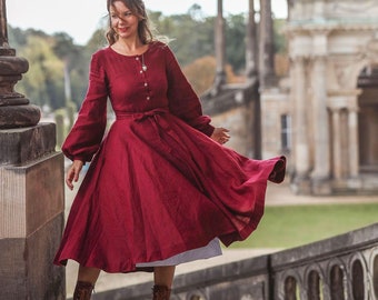 Linen Women Dress, Full Circle Skirt, Modest Bridesmaid Dress, Burgundy Midi Dress, Fall Dress, Vintage Style Dress, Petite and Tall Clothes