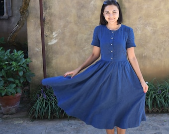 Linen Dress, Classic Blue Dress, Spring Dress, Blue Bridesmaid Dress, Modest Dress, Fit and Flare Dress, Mid Length Dress, Summer Midi Dress