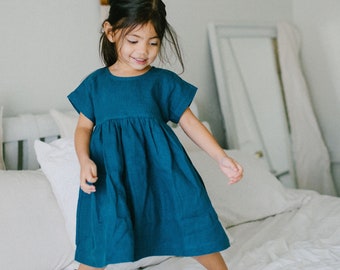 Linen Baby and Toddler Dress, Linen Girl Dress, Loose Summer Dress, Boho Baby Dress, Flower Girl Dress, Washed Linen, Blue Linen Dress