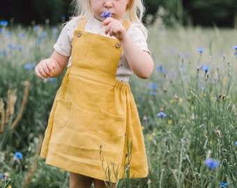 Linen Girl Pinafore, Summer Dress, Honey Yellow Dress, Cross Back Dress, Linen Toddler Pinafore, Linen Baby Pinafore, Apron Dress