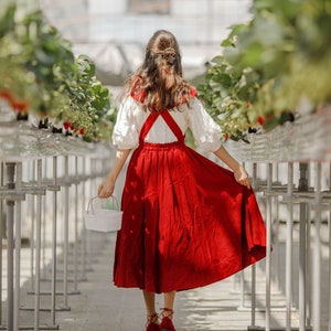 Women Pinafore Dress, Linen Midi Dress with Pockets, Ruffle Linen Pinafore, Vintage Style Dress, Red Apron Dress, Cross Back Dress image 1