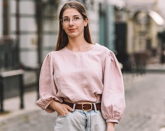 Pale Pink Linen Wonen Blouse, Puff Sleeve Blouse, Casul Linen Top, Summer Linen Shirt