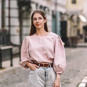 Linen Wonen Blouse, Puff Sleeve Blouse, Pale Pink Top, Casul Linen Top, Summer Linen Shirt