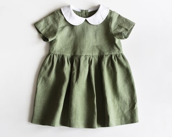 Robe en lin, Robe pour bébé, Robe pour bébé en lin, Robe pour tout-petits, Lin vert sauge, Robe olive, Col Peter Pan blanc, Linge pour tout-petit, Bébé biologique