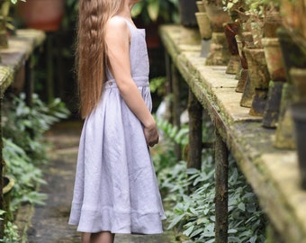 Flower Girl Dress, Linen Dress Girl, Dusty Lilac Dress, Apron Dress, Linen Pinafore Dress, Summer Dress, Twirl Skirt,