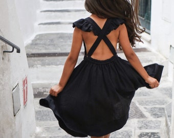 Vestido de lino, vestido de niña de flores, vestido de lino negro, Linan Pinafore, vestido de delantal, vestido de volantes, vestido de niñas de lino