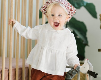 Baby Linen Top, Peter Pan Collar Blouse, White Linen Top, Toddler Linen Top, Baby Linen Outfit, Peplum Top, Long Sleeve Shirt, Easter Outfit