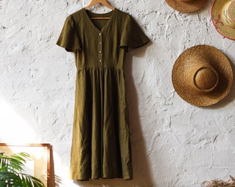 Linen Dress, Bridesmade Dress, Boho Dress, Midi Dress, Sustainable Dress, Moss Green Dress, Simple Wedding Dress, Rustic Wedding