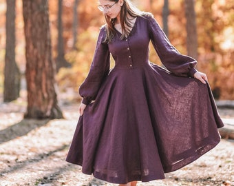 Linen Women Dress, Full Circle Skirt, Puff Sleeve Dress, V-neckline Dress, Bridesmaid Dress, Modest Dress, Grape Midi Dress, Vintage Style