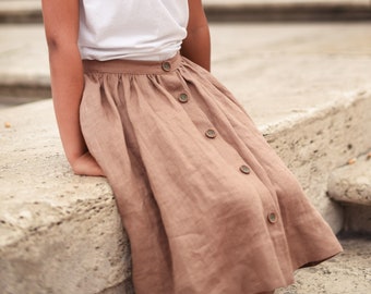 Linen Skirt, Girls Skirt, Button Front Skirt, Twirl Skirt, Tan Linen, Suspenders Skirt, Girls Linen Skirt, Kids Linen Clothing, Washed Linen